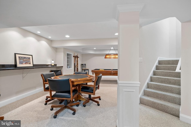 6000 Clairemont Dr, Owings, MD 20736 - dining space featuring carpet floors, recessed lighting, baseboards, stairway, and pool table