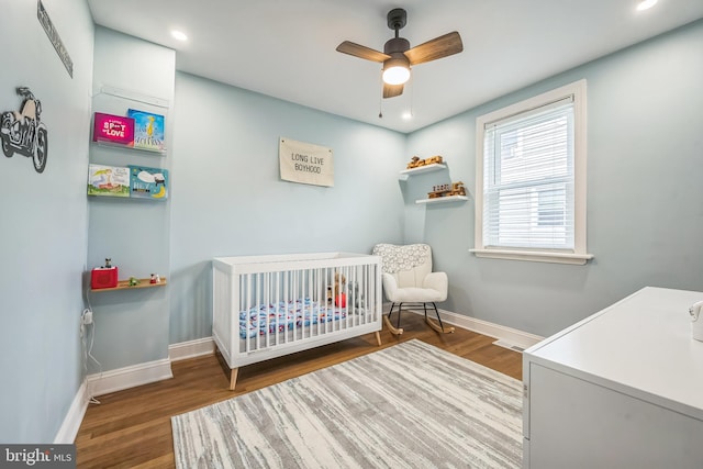 330 Date St, Warminster, PA 18974 - bedroom featuring a crib, wood finished floors, baseboards, recessed lighting, and ceiling fan
