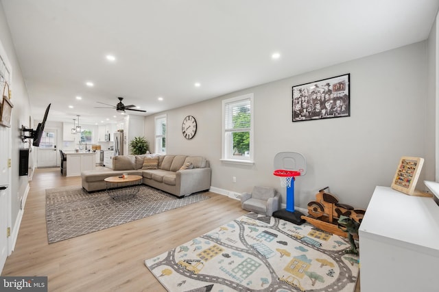 330 Date St, Warminster, PA 18974 - living room with recessed lighting, light wood-type flooring, ceiling fan, and baseboards