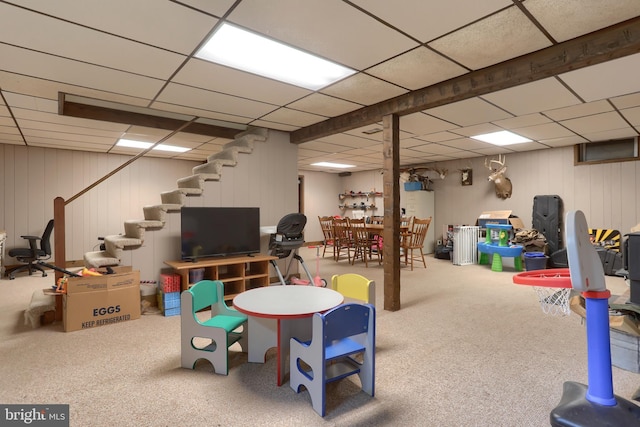 46 Gelsinger Rd, Reading, PA 19608 - rec room with a drop ceiling, carpet floors, and wooden walls