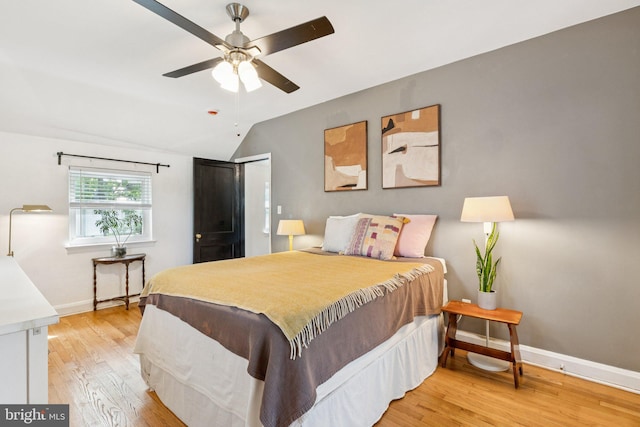 5721 Greenspring Ave, Baltimore, MD 21209 - bedroom featuring baseboards, light wood-style flooring, lofted ceiling, and ceiling fan