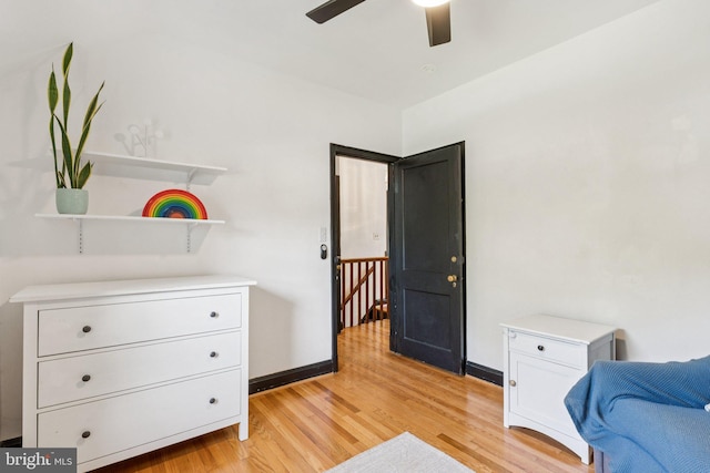 5721 Greenspring Ave, Baltimore, MD 21209 - sitting room featuring light wood finished floors, ceiling fan, an upstairs landing, and baseboards