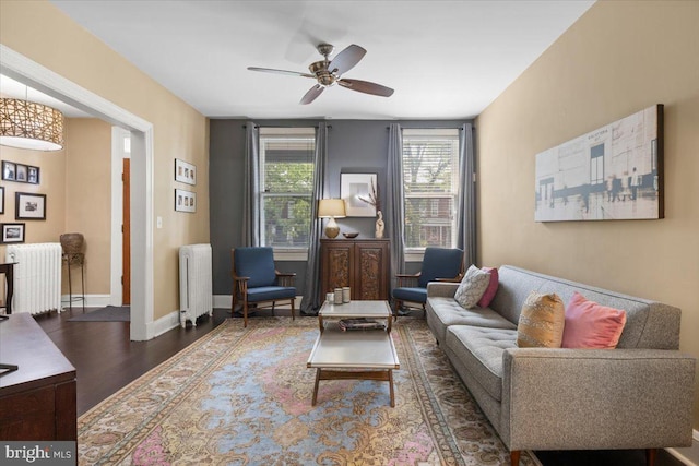 233 Rhode Island Ave NW, Washington, DC 20001 - living room featuring radiator, wood finished floors, a ceiling fan, and baseboards