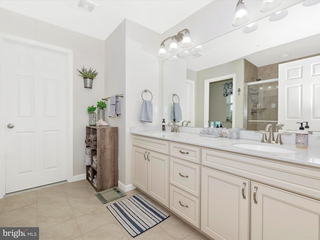1419 Ramblewood Dr, Emmitsburg, MD 21727 - bathroom with double vanity, a stall shower, tile patterned floors, and baseboards