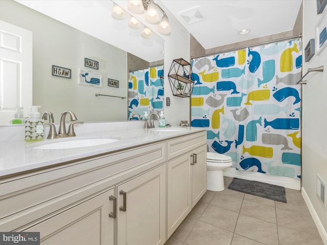 1419 Ramblewood Dr, Emmitsburg, MD 21727 - bathroom with tile patterned floors, double vanity, toilet, and curtained shower