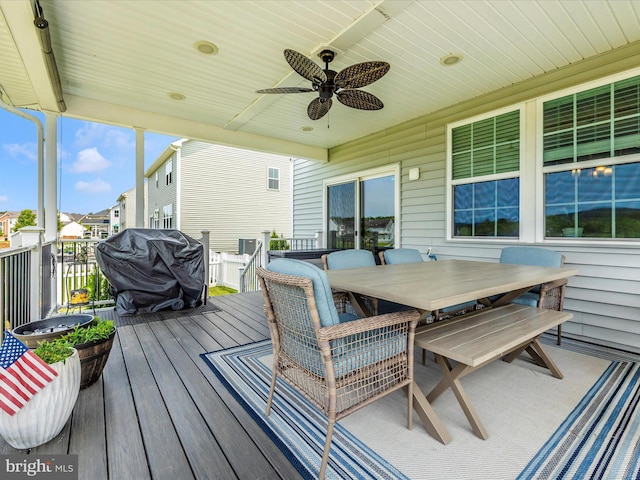 1419 Ramblewood Dr, Emmitsburg, MD 21727 - deck featuring outdoor dining space, ceiling fan, a grill, and a residential view