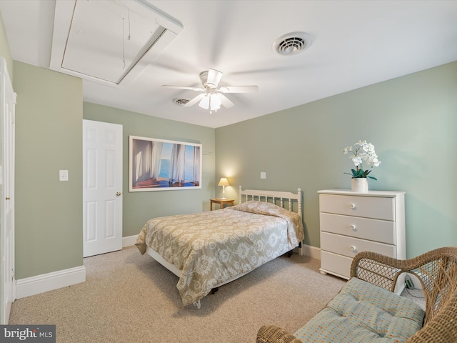 16 Delaware Ave, Rehoboth Beach, DE 19971 - carpeted bedroom with attic access, baseboards, and ceiling fan