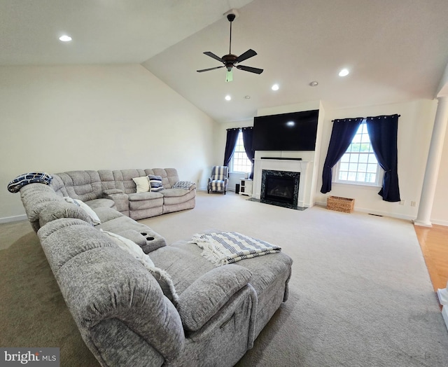7677 Green Ridge Ln, Abbottstown, PA 17301 - carpeted living room featuring ceiling fan, healthy amount of natural light, vaulted ceiling, recessed lighting, and a high end fireplace