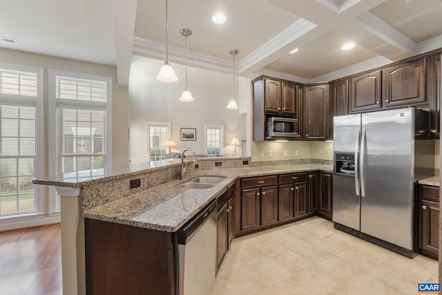 5625 Upland Dr, Crozet, VA 22932 - kitchen with stainless steel appliances, a sink, beamed ceiling, dark brown cabinetry, and crown molding