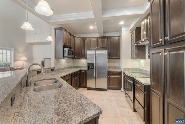 5625 Upland Dr, Crozet, VA 22932 - kitchen with stainless steel appliances, a sink, dark brown cabinetry, wall chimney range hood, and stone counters