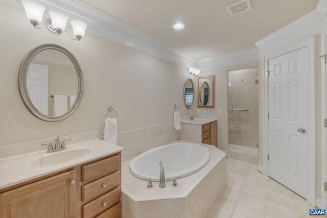 5625 Upland Dr, Crozet, VA 22932 - bathroom featuring a shower stall, a garden tub, two vanities, tile patterned flooring, and crown molding