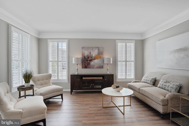 42863 Glyndebourne Ct, Broadlands, VA 20148 - living room with crown molding, wood finished floors, and baseboards