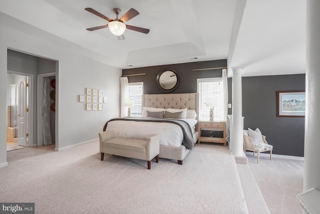 42863 Glyndebourne Ct, Broadlands, VA 20148 - carpeted bedroom with ornate columns, baseboards, and a ceiling fan