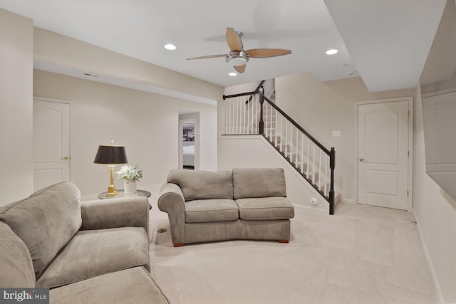 42863 Glyndebourne Ct, Broadlands, VA 20148 - living area featuring a ceiling fan, baseboards, stairs, recessed lighting, and light carpet