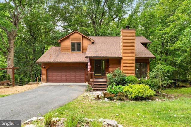 6816 Balmoral Ct, New Market, MD 21774 - rustic home with asphalt driveway, a shingled roof, a chimney, and covered porch