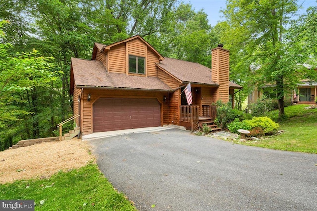 6816 Balmoral Ct, New Market, MD 21774 - chalet / cabin with driveway, a chimney, roof with shingles, and an attached garage