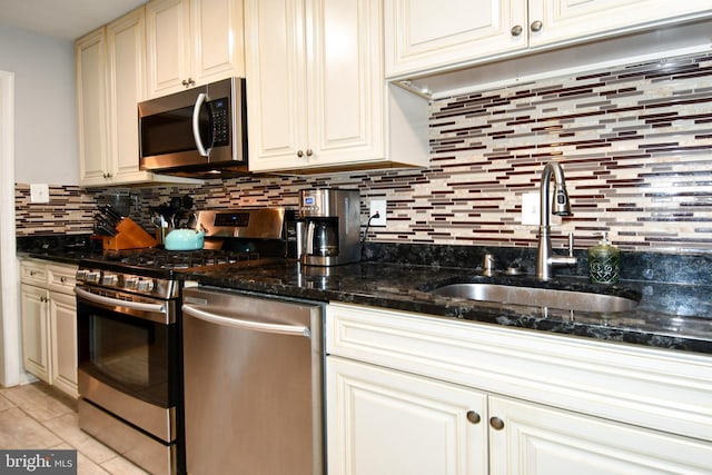 11839 Shire Ct Unit 31D, Reston, VA 20191 - kitchen with stainless steel appliances, a sink, tasteful backsplash, and dark stone countertops