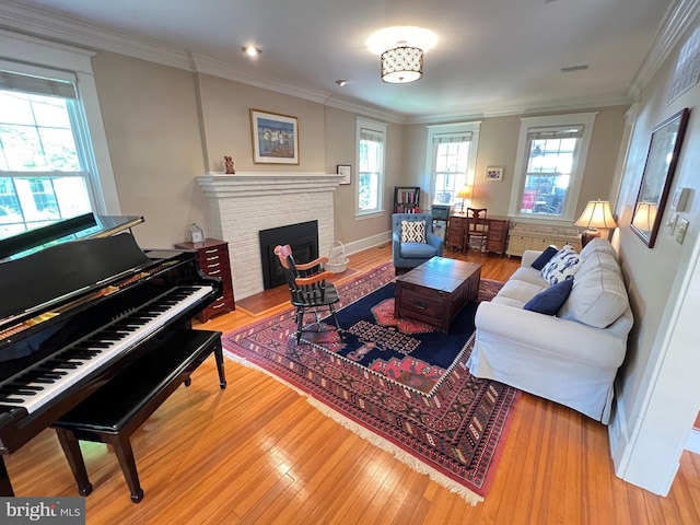 6206 Pinehurst Rd, Baltimore, MD 21212 - living area featuring plenty of natural light, wood finished floors, a fireplace, and crown molding
