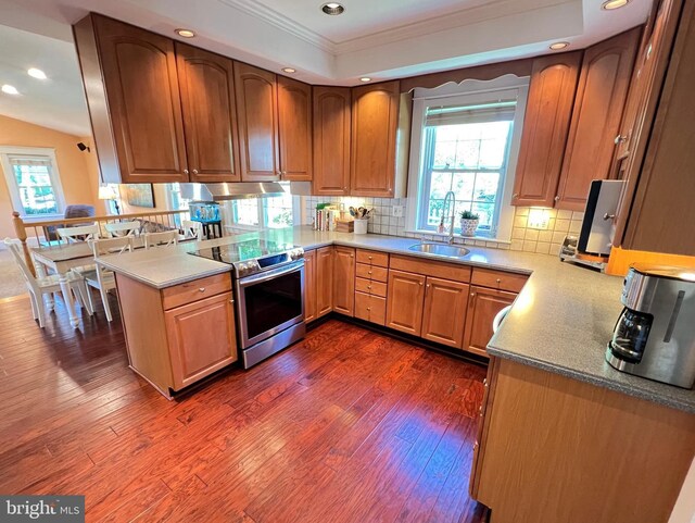 6206 Pinehurst Rd, Baltimore, MD 21212 - kitchen featuring stainless steel electric range, crown molding, a sink, a peninsula, and recessed lighting