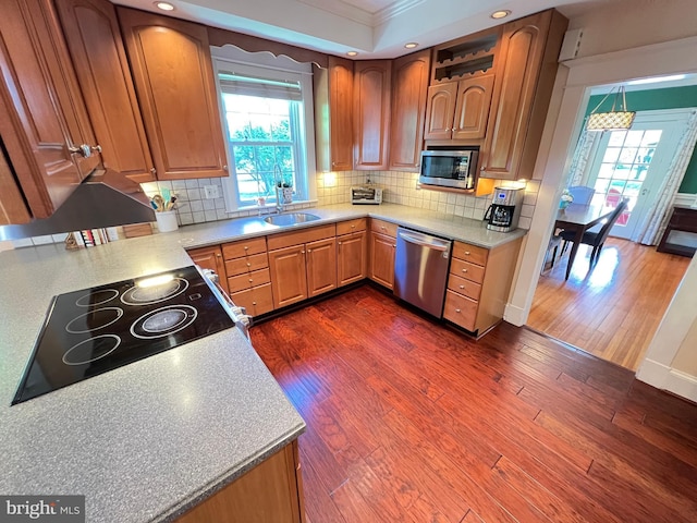 6206 Pinehurst Rd, Baltimore, MD 21212 - kitchen with stainless steel appliances, a sink, plenty of natural light, dark wood finished floors, and crown molding