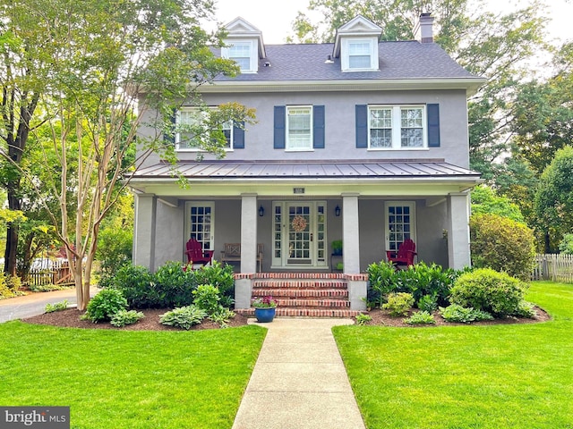 6206 Pinehurst Rd, Baltimore, MD 21212 - view of front of house featuring stucco siding, a porch, a standing seam roof, and metal roof