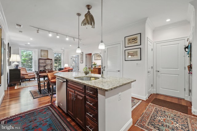 1023 N Royal St Unit 207, Alexandria, VA 22314 - kitchen featuring a sink, stainless steel dishwasher, wood finished floors, open floor plan, and a center island with sink