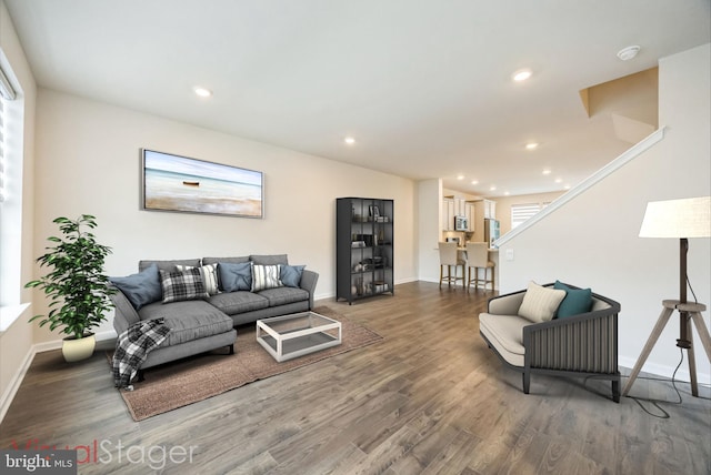 402 Monte Farm Rd, Mount Laurel, NJ 08054 - living room with wood finished floors, baseboards, recessed lighting, and stairway