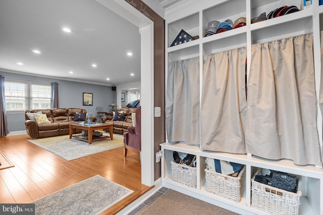 872 Kilby Dr, Yardley, PA 19067 - mudroom with ornamental molding, healthy amount of natural light, recessed lighting, and wood finished floors