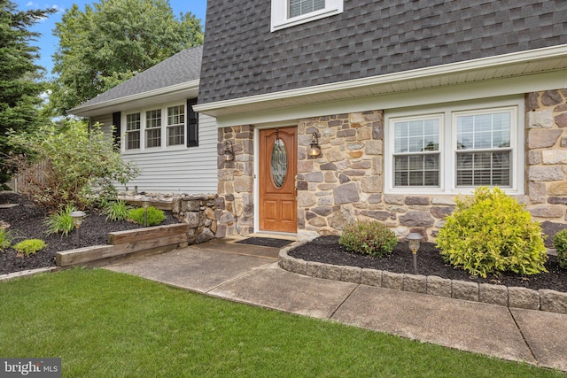 872 Kilby Dr, Yardley, PA 19067 - property entrance with stone siding and roof with shingles