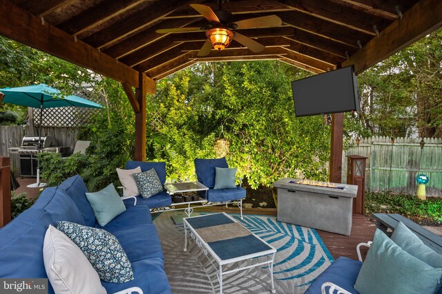 872 Kilby Dr, Yardley, PA 19067 - view of patio with an outdoor hangout area, a ceiling fan, a deck, and grilling area