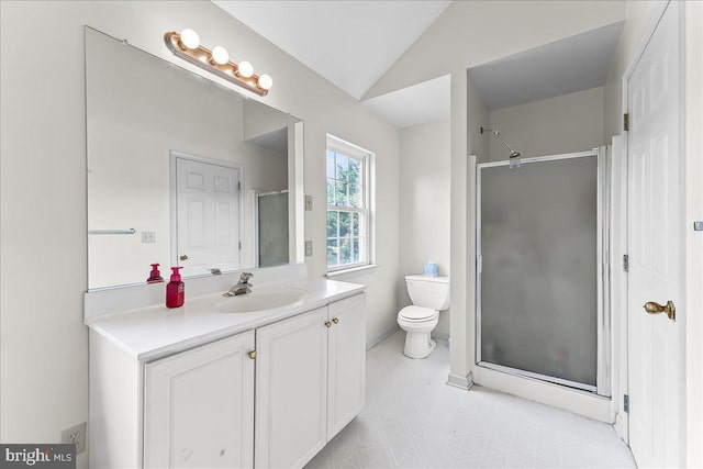 213 Joseph Rd, Oxford, PA 19363 - bathroom featuring vanity, a shower stall, toilet, tile patterned floors, and vaulted ceiling
