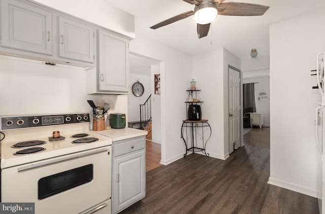 11 Bentley Pl, Carlisle, PA 17013 - kitchen featuring white range with electric stovetop, a ceiling fan, dark wood-type flooring, and light countertops