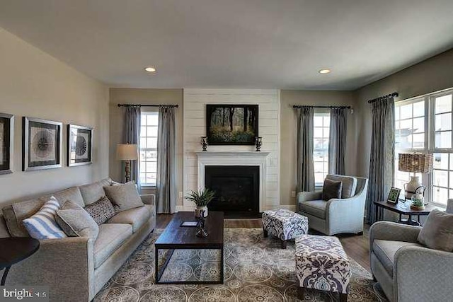 420 Bellflower Way Merion Plan, Unit Merion Plan, Townsend, DE 19734 - living area featuring healthy amount of natural light, dark wood-type flooring, a fireplace, recessed lighting, and baseboards