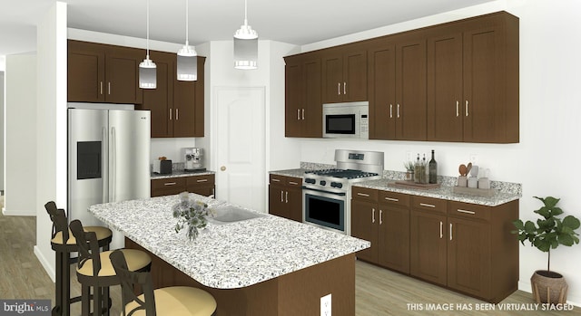 420 Bellflower Way Merion Plan, Unit Merion Plan, Townsend, DE 19734 - kitchen with stainless steel appliances, light wood-style floors, a breakfast bar area, and dark brown cabinetry