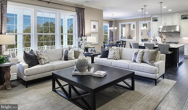 2022 Saint James Rd, Accokeek, MD 20607 - living room with a chandelier, crown molding, baseboard heating, recessed lighting, and dark wood-style floors
