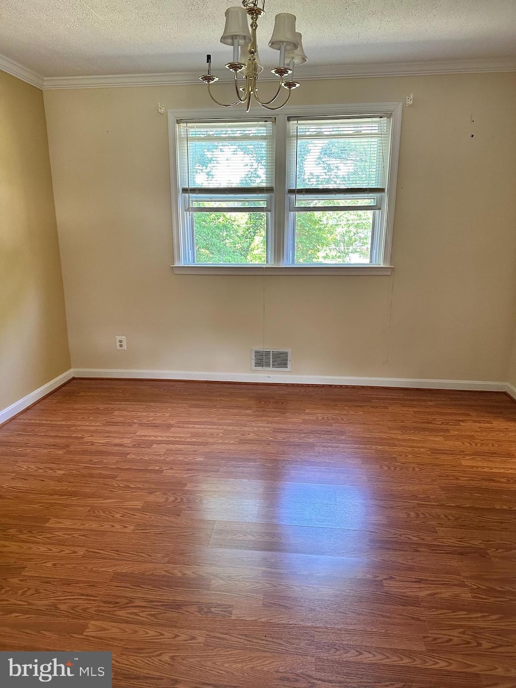 2010 Jameson St, Temple Hills, MD 20748 - spare room with wood finished floors, a chandelier, ornamental molding, a textured ceiling, and baseboards