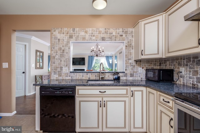 1520 Villa Rd, Wilmington, DE 19809 - kitchen with black appliances, cream cabinets, a sink, backsplash, and a chandelier