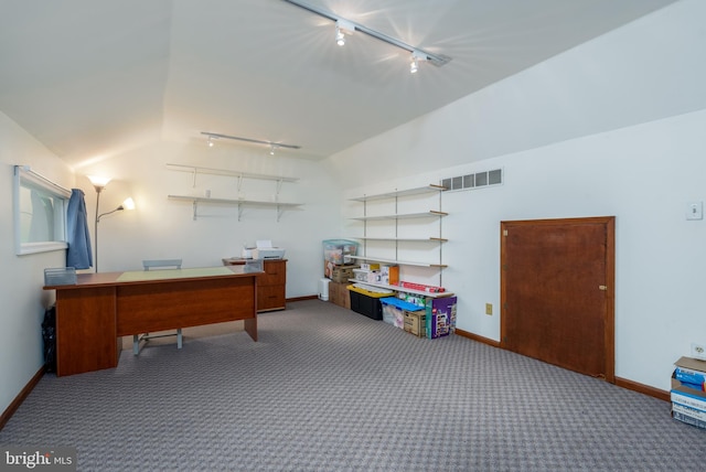 1520 Villa Rd, Wilmington, DE 19809 - carpeted home office with track lighting, vaulted ceiling, and baseboards