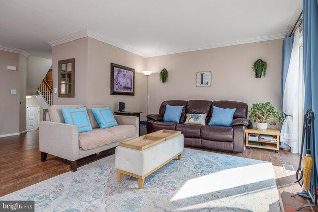 1520 Villa Rd, Wilmington, DE 19809 - living room with wood finished floors, ornamental molding, stairway, and baseboards