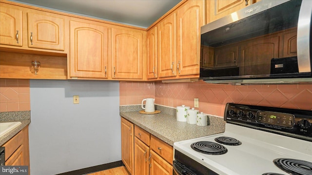 28 Allegheny Ave Unit 2505, Baltimore, MD 21204 - kitchen featuring range with electric cooktop, stainless steel microwave, tasteful backsplash, and light countertops