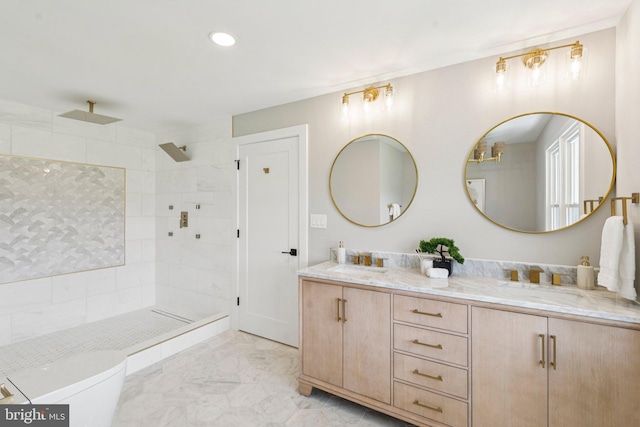977 W Parkins Mill Rd, Winchester, VA 22602 - bathroom featuring double vanity, marble finish floors, a tile shower, and recessed lighting