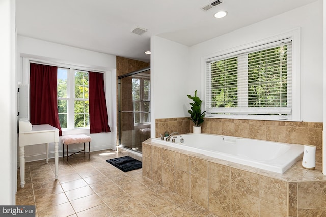 99 Kresson Gibbsboro Rd, Voorhees, NJ 08043 - bathroom with a bath, tile patterned floors, and a shower stall