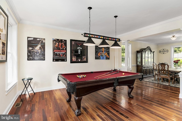 99 Kresson Gibbsboro Rd, Voorhees, NJ 08043 - playroom featuring pool table, wood-type flooring, ornate columns, and crown molding