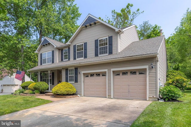 185 Carriage Hill Cir, Mantua, NJ 08051 - view of front facade featuring driveway, covered porch, a front lawn, and a garage