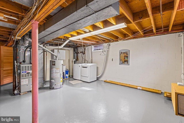 12 Woodlawn Ave, Newfield, NJ 08344 - unfinished basement featuring water heater, washing machine and clothes dryer, heating unit, and concrete block wall