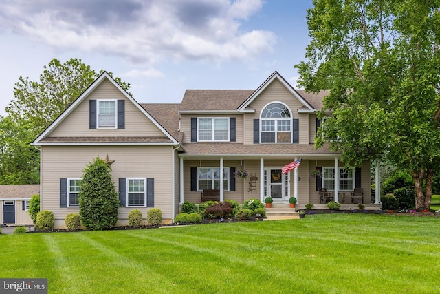 1 Blue Spruce Ln, Woolwich Twp, NJ 08085 - view of front of property featuring roof with shingles, a front lawn, and covered porch