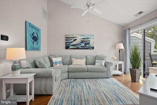 39770 E Sun Dr Unit 125, Fenwick Island, DE 19944 - living room with ceiling fan, wood finished floors, and high vaulted ceiling