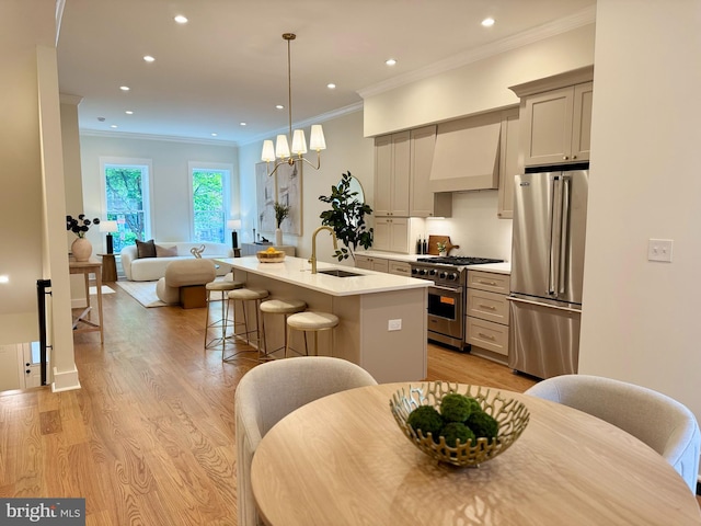 309 M St NW Unit Townhome B, Washington, DC 20001 - kitchen with premium appliances, premium range hood, a sink, a center island with sink, and a kitchen breakfast bar