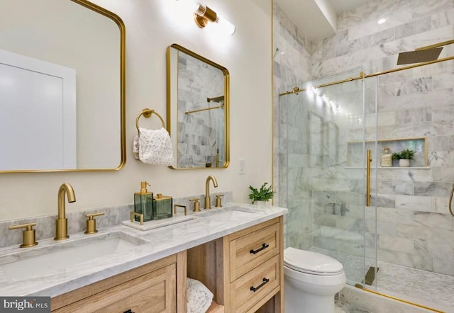 309 M St NW Unit Townhome B, Washington, DC 20001 - full bathroom featuring double vanity, a shower stall, and toilet
