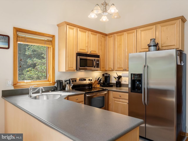 218 Nelson Way, Basye, VA 22810 - kitchen featuring stainless steel appliances, a sink, a chandelier, light brown cabinetry, and dark countertops
